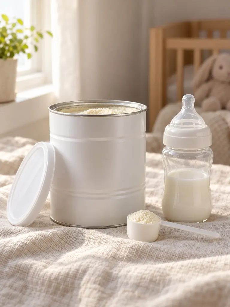 A plain white formula milk tin beside a baby bottle on cream linen