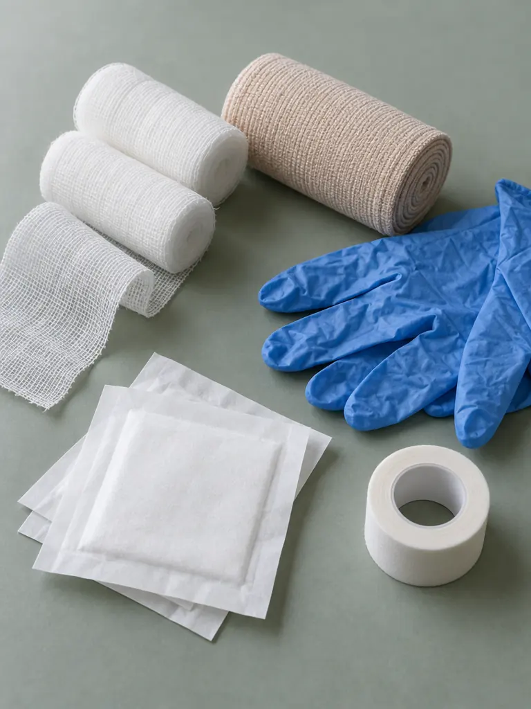 Gauze rolls, a crepe bandage, gloves and medical tape